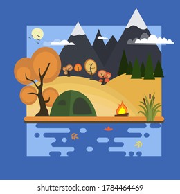 Tourist tent and campfire on the lake. Autumn landscape. mountainside and hills. Reeds, fallen leaves. Vector illustration