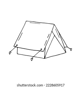 Tourist tent. Camping, hiking, travel. The tent is stretched with a rope tied to wooden pegs in the grass. Doodle. Vector illustration. Hand drawn. Outline.