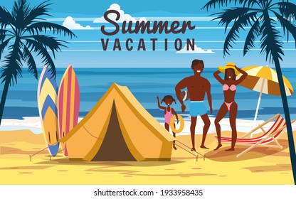 Tourist tent camping on the tropical beach, palms. Summer vacation, happy family, coastline beach sea, ocean, travel