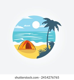 Tourist tent camping on tropical beach, coconut trees. Summer vacation coastline beach