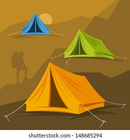 Tourist tent in different ways. Vector illustration on a hike in the mountains and outdoor recreation