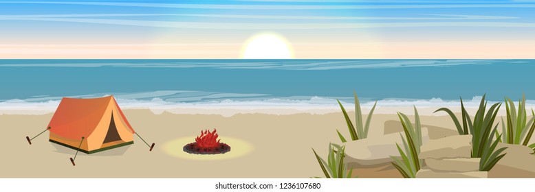 Tourist tent and fire. Sandy coastline with rocks and thickets of grass. Seascape. Vector landscape