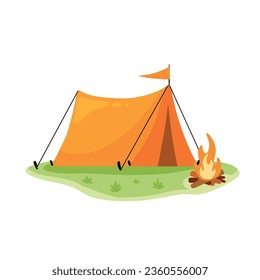 Tourist tent and fire. Triangular shelter in camp on green lawn with campfire. Concept of summer adventure, tourism, recreation and vacations in nature. 
