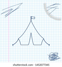 Tourist tent with flag line sketch icon isolated on white background. Vector Illustration