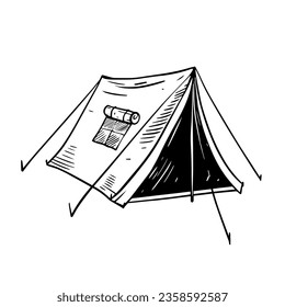 Dibujo de sketch negro de diseño plano de carpa turística. Ilustración vectorial del logo de campamento de aventura. Aislado sobre fondo blanco.