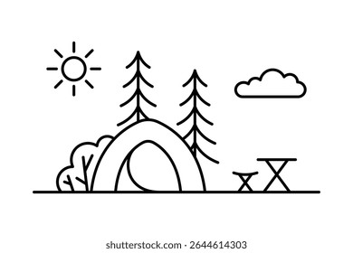 Tourist tent in the forest icon. Black outline linear silhouette. Editable strokes. Front view. Vector simple flat graphic illustration. Isolated object on white background. Isolate.