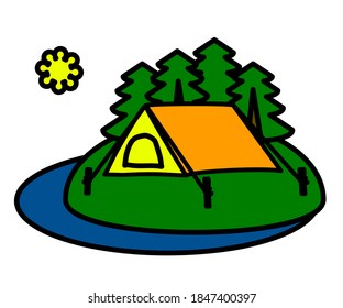 Tourist tent in the forest. Life in nature. Cartoon. Vector illustration.