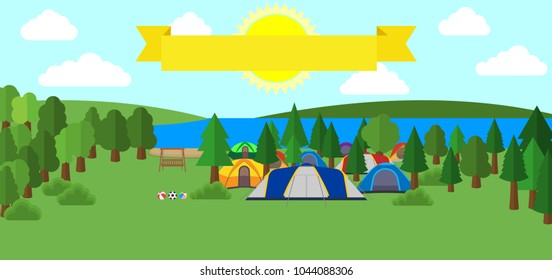 tourist tent and green meadow, on a cloudy sky. Summer camping. Natural landscape. Outdoor activities.  Vector illustration. Eps 10.