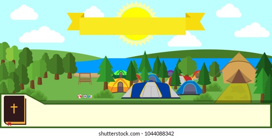 tourist tent and green meadow, on a cloudy sky. Summer camping. Natural landscape. Outdoor activities.  Vector illustration. Eps 10.