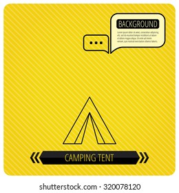 Tourist tent icon. Camping travel hike sign. Chat speech bubbles. Orange line background. Vector