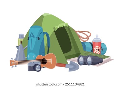 Artículos para Adventures Camping Tent Binoculares Mochilas Guitarra y Pala Concepto de Vector de Fondo