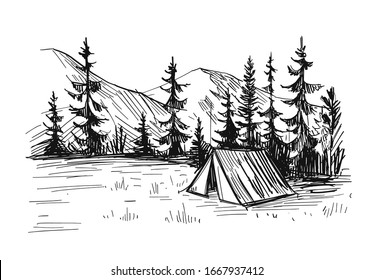 Tourist tent in the mountains, lake and trees. Nature landscape illustration. Background for travel designs. Hand drawn vector sketch on transparent background