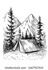 Hand Drawn Camping Tent Mountain Vector Stock Vector (Royalty Free ...