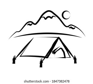 Tourist tent and mountains. Life in nature. Symbol. Sketch. Vector illustration.