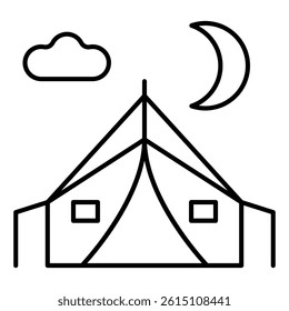Tourist tent at night thin line icon, camping concept. Vector graphics. Hiking rest point sign on white background, linear style mobile or design