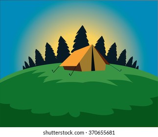 Tourist tent on a background of pine forest under a blue sky. Vector. Stock illustration