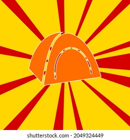 Tourist tent on a background of red flash explosion radial lines. The large orange symbol is located in the center of the sun, symbolizing the sunrise. Vector illustration on yellow background