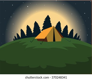 Tourist tent on a clearing located under the moon and stars on the background of wood. Vector. Stock illustration