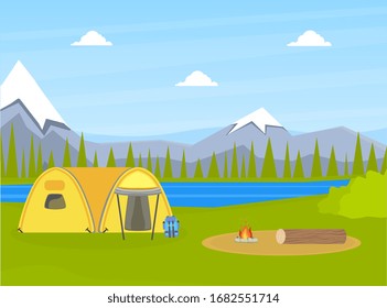 Tourist Tent on Natural Landscape with Mountains and Lake, Summer Adventures Vector Illustration