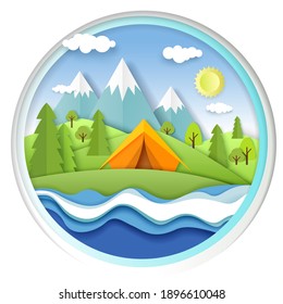 Tourist tent on river bank, forest and mountain landscape. Vector illustration in paper art craft style. Summer camping, hiking, trekking.