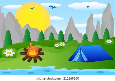 tourist tent on the riverside, vector illustration