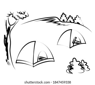 Tourist tent on a white background. Camping. Sketch. Vector illustration.