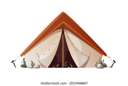 Tourist tent on the white background. Camping, traveling, trip, hiking, camper, journey concept. Isolated vector illustration for poster, banner, asvertising, cover, card.