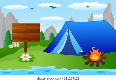 tourist tent and pointer on the riverside, vector illustration