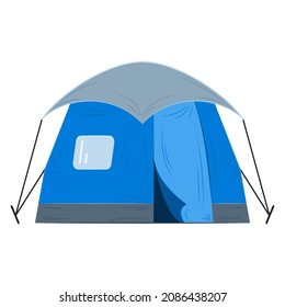 A tourist tent with protection from rain and snow. Tarpaulin blue and gray tent for camping, hiking, traveling outside. Rest and sleep in the forest. Vector icon, flat, cartoon, isolated