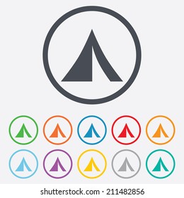 Tourist tent sign icon. Camping symbol. Round circle buttons with frame. Vector