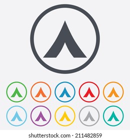 Tourist tent sign icon. Camping symbol. Round circle buttons with frame. Vector