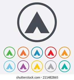 Tourist tent sign icon. Camping symbol. Round circle buttons with frame. Vector