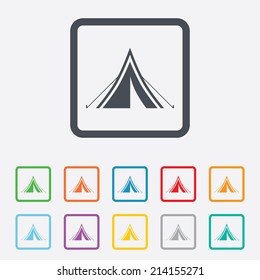Tourist tent sign icon. Camping symbol. Round squares buttons with frame. Vector