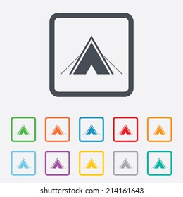 Tourist tent sign icon. Camping symbol. Round squares buttons with frame. Vector