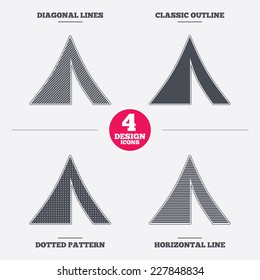 Tourist tent sign icon. Camping symbol. Diagonal and horizontal lines, classic outline, dotted texture. Pattern design icons.  Vector