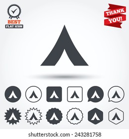 Tourist tent sign icon. Camping symbol. Circle, star, speech bubble and square buttons. Award medal with check mark. Thank you ribbon. Vector