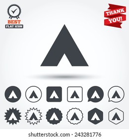 Tourist tent sign icon. Camping symbol. Circle, star, speech bubble and square buttons. Award medal with check mark. Thank you ribbon. Vector