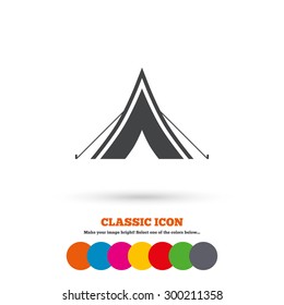 Tourist tent sign icon. Camping symbol. Classic flat icon. Colored circles. Vector