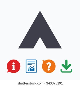 Tourist tent sign icon. Camping symbol. Information think bubble, question mark, download and report.