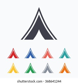 Tourist tent sign icon. Camping symbol. Colored flat icons on white background.