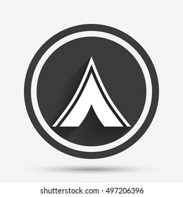 Tourist tent sign icon. Camping symbol. Circle flat button with shadow and border. Vector