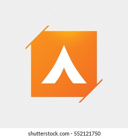 Tourist tent sign icon. Camping symbol. Orange square label on pattern. Vector