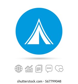 Tourist tent sign icon. Camping symbol. Copy files, chat speech bubble and chart web icons. Vector