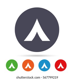 Tourist tent sign icon. Camping symbol. Round colourful buttons with flat icons. Vector