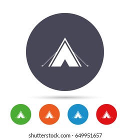 Tourist tent sign icon. Camping symbol. Round colourful buttons with flat icons. Vector