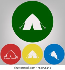 Tourist tent sign. Vector. 4 white styles of icon at 4 colored circles on light gray background.