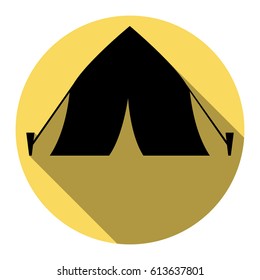 Tourist tent sign. Vector. Flat black icon with flat shadow on royal yellow circle with white background. Isolated.