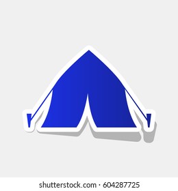 Tourist tent sign. Vector. New year bluish icon with outside stroke and gray shadow on light gray background.