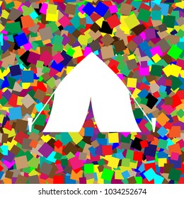 Tourist tent sign. Vector. White icon on colorful background with seamless pattern from squares.