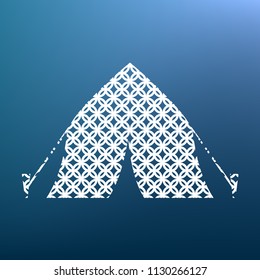 Tourist tent sign. Vector. White textured icon at lapis lazuli gradient background.